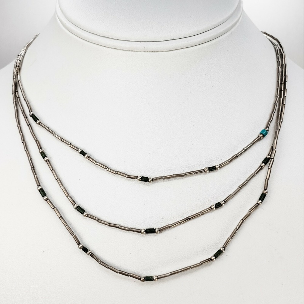 Vintage Sterling Silver 925 Liquid Silver‎ and Turquoise Necklace 15.25 Inches